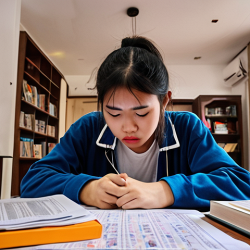 Home 11 **A Vietnamese teenager looking stressed while studying, surrounded by textbooks and exam papers. Overlays of anxiety symbols. The background shows a modern apartment in Hanoi.**