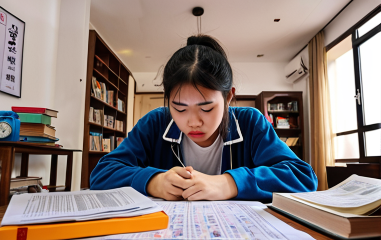 **A Vietnamese teenager looking stressed while studying, surrounded by textbooks and exam papers. Overlays of anxiety symbols. The background shows a modern apartment in Hanoi.**