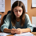 **

A stressed-out teen counselor surrounded by papers, with dark circles under their eyes, but also small self-care reminders scattered around (e.g., a water bottle, a calming tea, a small plant). The setting is a cozy but messy office. The counselor is feeling the weight of empathy from a recent hard session.

**